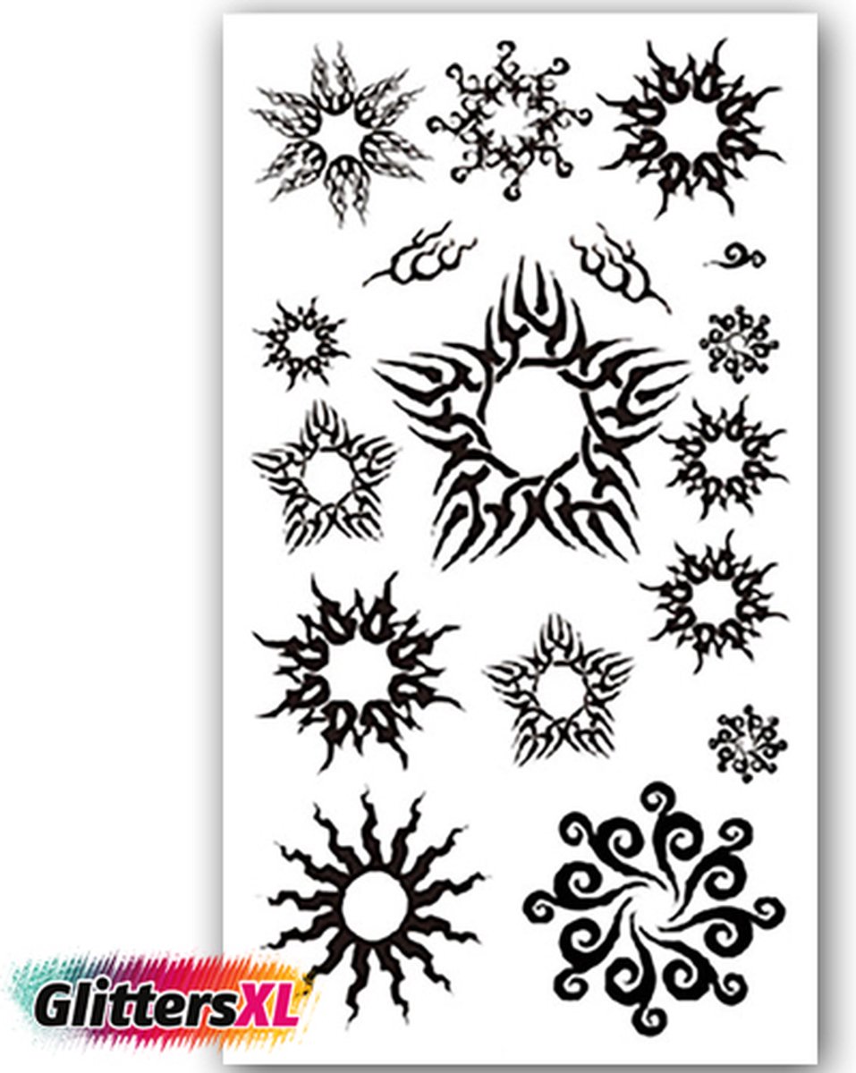 GlittersXL - Temporary Tattoo Zon/Ster/Figuren (11x6cm) [Neptattoo - Tijdelijke tatoeage - Nep Fake Tattoos - Water overdraagbare festival sticker henna outfit tattoo - Glitter tattoo - Volwassenen Kinderen Jongen Meisje]